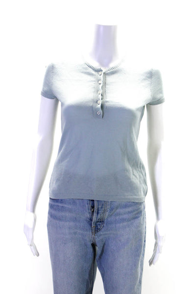 Piazza Sempione Womens Cotton Round Neck Button Short Sleeve Top Blue Size EUR40