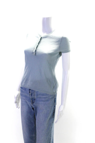 Piazza Sempione Womens Cotton Round Neck Button Short Sleeve Top Blue Size EUR40