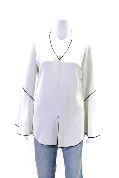 Derek Lam Womens Two-Toned V-Neck Long Sleeve Zip Up Blouse Top White Size 36