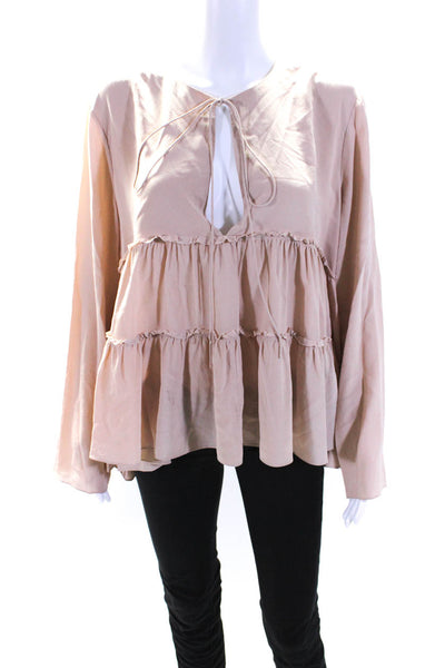 Chloe Womens Long Sleeve Y Neck Tiered Ruffle Top Blouse Pink Silk Size FR 42
