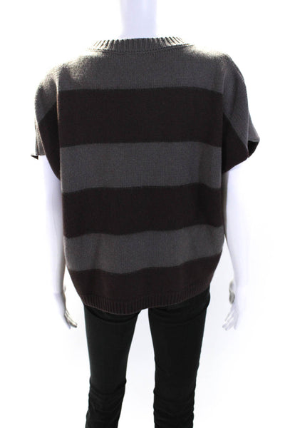 Peserico Womens Short Sleeve Striped Crew Neck Sweater Brown Wool Size IT 42