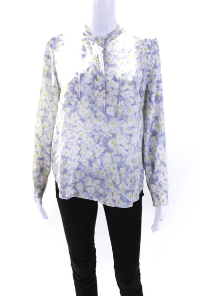 Rebecca Taylor Womens High Neck Henley Floral Top Blouse Gray Yellow Size 6