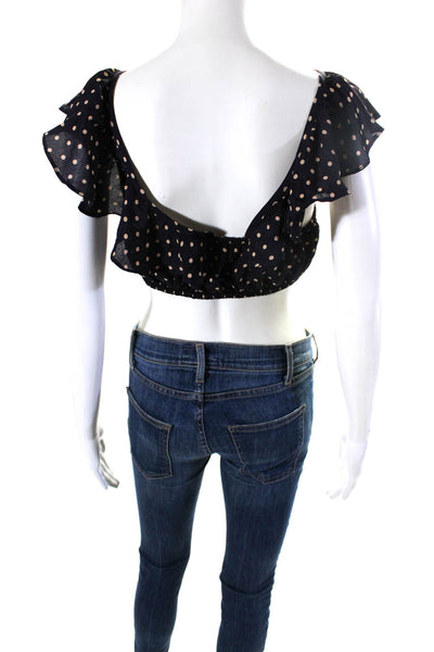 For Love And Lemons Womens Crepe Polka Dot Crop Top Blouse Black Size S