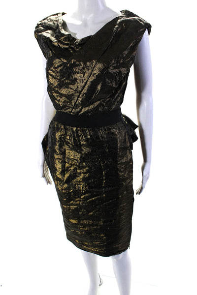 Lanvin Womens Draped Gathered Taffeta Sleeveless Mini Sheath Dress Gold FR 36