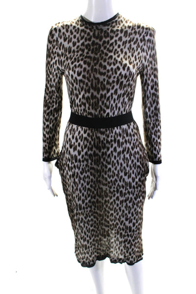 Lanvin Womens Leopard Print Jersey 3/4 Sleeve Sheath Dress Brown Size Small