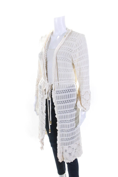 Milly Womens 3/4 Sleeve Open Knit Long Cardigan White Cotton Size Large
