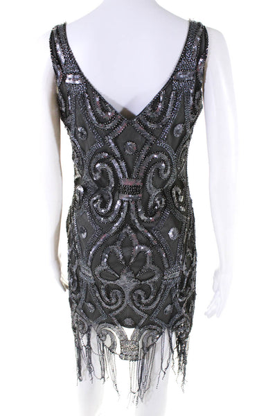 Romeo + Juliet Couture Womens Embroidered Sequined Frayed Hem Dress Gray Size S