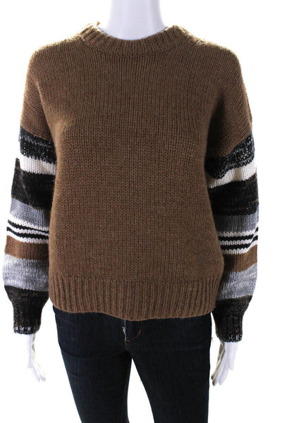 360 Cashmere Womens Wool Striped Print Round Neck Sweaters Brown Size XS