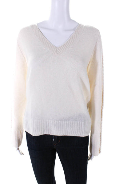 360 Cashmere Womens Cashmere V-Neck Long Sleeve Pullover Sweater White Size S