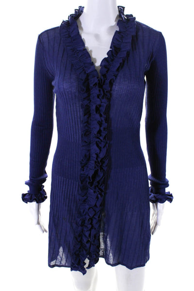 Anne Fontaine Womens Knit Ruffle Trim Long Sleeve Button Up Dress Blue Size 42