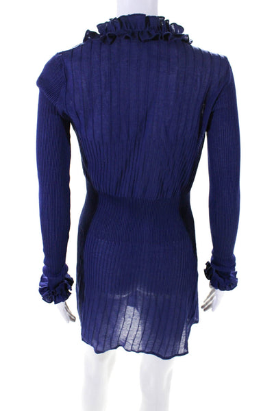 Anne Fontaine Womens Knit Ruffle Trim Long Sleeve Button Up Dress Blue Size 42