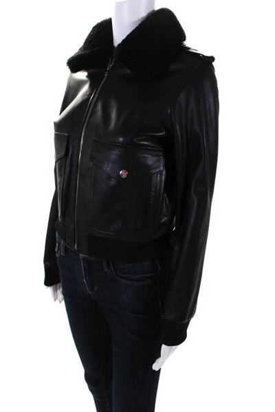 Nili Lotan Womens Front Zip Shearling Collared Leather Jacket Black Size XS