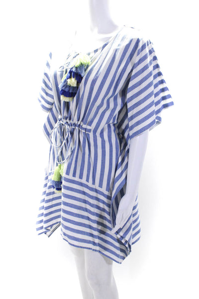 Bindu Womens Striped Tassel Dolman Sleeve Cover Up Kaftan Blue White One Size