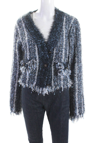 Moon River Womens Three Button V Neck Fringe Cardigan Sweater Blue White Small