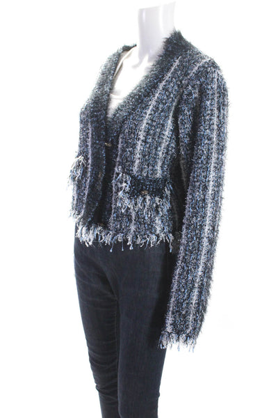 Moon River Womens Three Button V Neck Fringe Cardigan Sweater Blue White Small