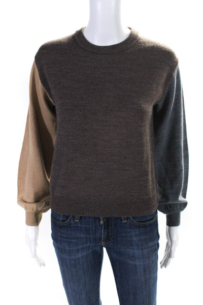 One Grey Day Womens Wool Knit Crew Neck Color Block Sweater Top Brown Size XS