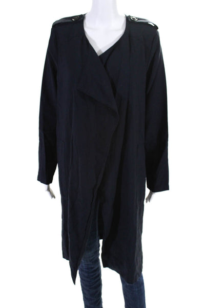 Elodie Womens Long Sleeve Two Pocket Open Front Long Overcoat Navy Blue Size M