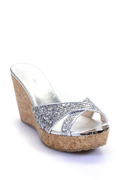 Jimmy Choo Womens Wedge Heel Platform Glitter Slide Sandals Silver Size 36