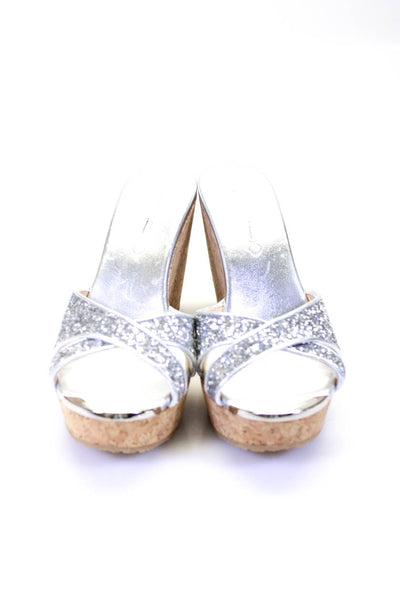 Jimmy Choo Womens Wedge Heel Platform Glitter Slide Sandals Silver Size 36