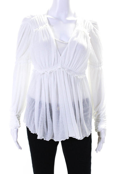 Free People Womens White Ruffle V-Neck Cuff Long Sleeve Blouse Top Size S