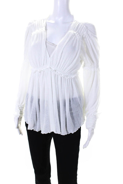 Free People Womens White Ruffle V-Neck Cuff Long Sleeve Blouse Top Size S