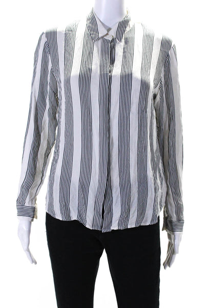 Theory Womens White Silk Striped Long Sleeve Button Down Blouse Top Size S