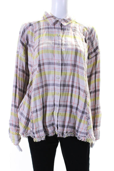 We The Free Womens Pink Cotton Plaid Long Sleeve Fringe Button Down Shirt Size M