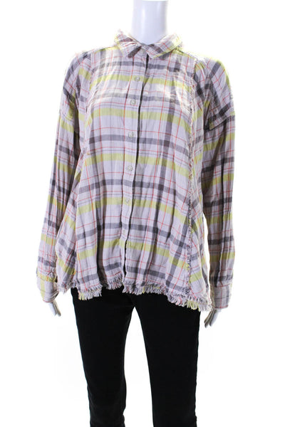 We The Free Womens Pink Cotton Plaid Long Sleeve Fringe Button Down Shirt Size M