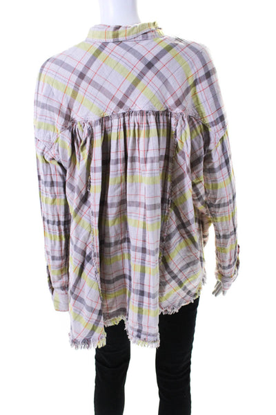 We The Free Womens Pink Cotton Plaid Long Sleeve Fringe Button Down Shirt Size M