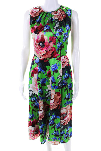 Andrew Gn Womens Back Zip Crew Neck Floral Silk A Line Dress Green Multi IT 38