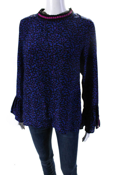 Rungolee Women's Ruffle Neck Long Sleeves Silk Blouse Blue Black Size XS
