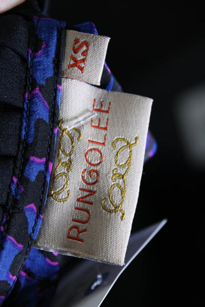 Rungolee Women's Ruffle Neck Long Sleeves Silk Blouse Blue Black Size XS