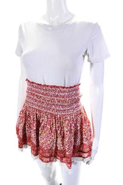 Poupette St. Barth Women's Smocked Waist Crochet Flare Floral Mini Skirt Size XS