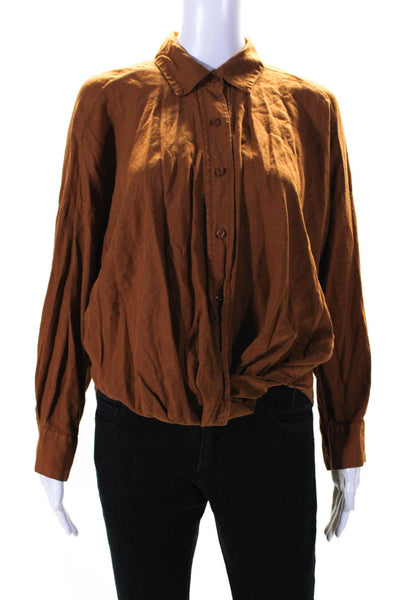 YFB Womens Brown Twist Front Collar Long Sleeve Button Down Shirt Size M