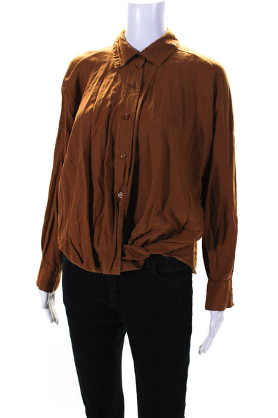 YFB Womens Brown Twist Front Collar Long Sleeve Button Down Shirt Size M