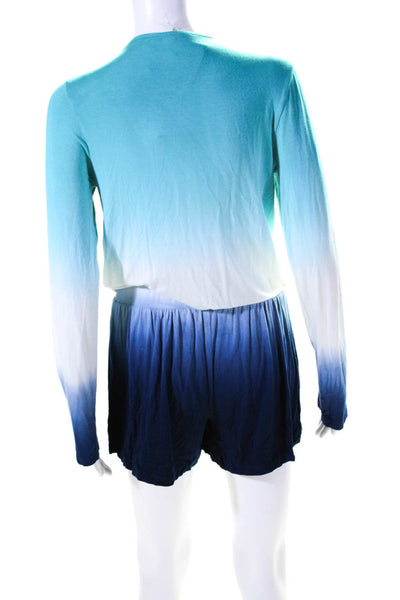 Young Fabulous & Broke Womens Blue Ombre Long Sleeve V-Neck Romper Size S