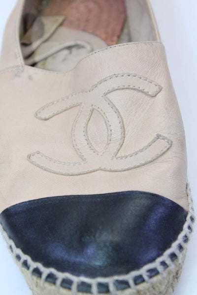 Chanel Womens CC Cap Toe Flat Leather Slip On Espadrilles Beige Black Size 41 11