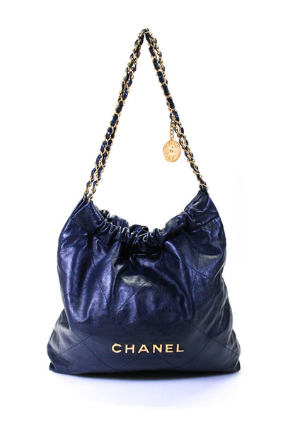 Chanel Womens Quilted Logo Chain 22 Hobo Medium Shoulder Handbag Navy Blue Leath