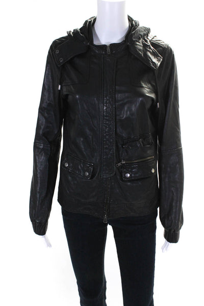 Joie Womens Black Leather Full Zip Long Sleeve Adjustable Hooded Jacket Size M