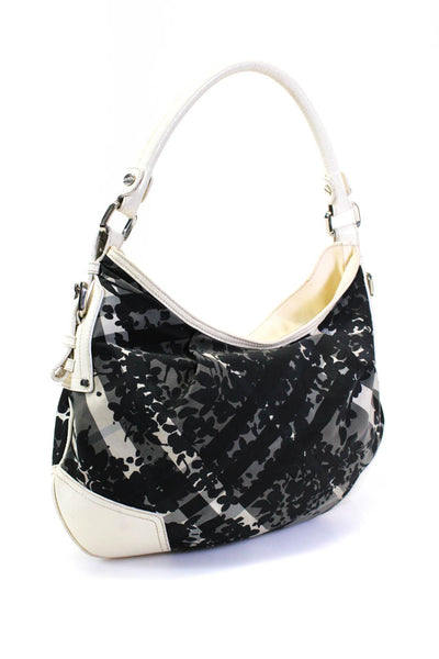 Burberry London Womens Leather Plaid Floral Print Shoulder Handbag White Black