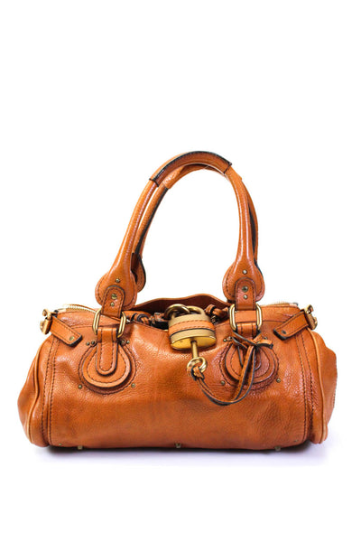 Chloe Womens Leather Gold Tone Padlock Satchel Shoulder Handbag Brown