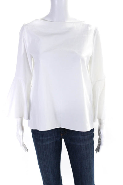 Alice + Olivia Womens Cotton Long Flounce Sleeve Boat Neck Blouse White Size M