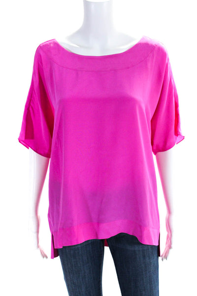 Tibi Womens Silk Georgette Short Sleeve Split Hem Blouse Top Hot Pink Size M