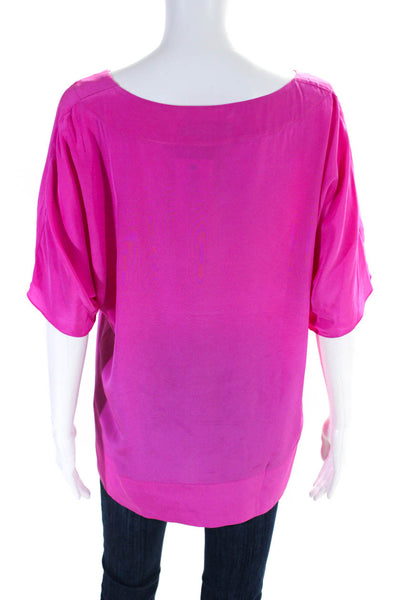 Tibi Womens Silk Georgette Short Sleeve Split Hem Blouse Top Hot Pink Size M