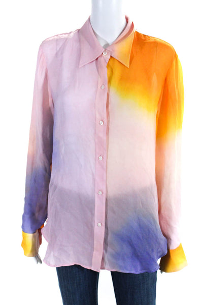 A.L.C. Womens Silk Tie Dye Print Long Sleeve Buttoned Blouse Pink Size 10