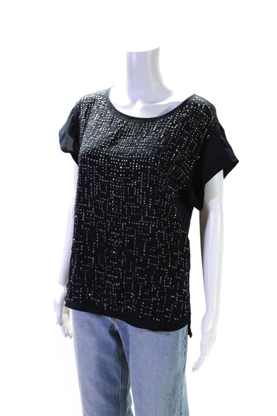 Rebecca Taylor Womens Studded Flutter Sleeve Top Blouse Navy Blue Size Small