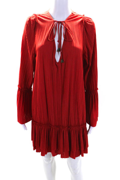 Free People Womens Bright Red Pleated V-Neck Long Sleeve Mini Dress Size S