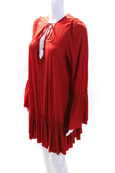 Free People Womens Bright Red Pleated V-Neck Long Sleeve Mini Dress Size S