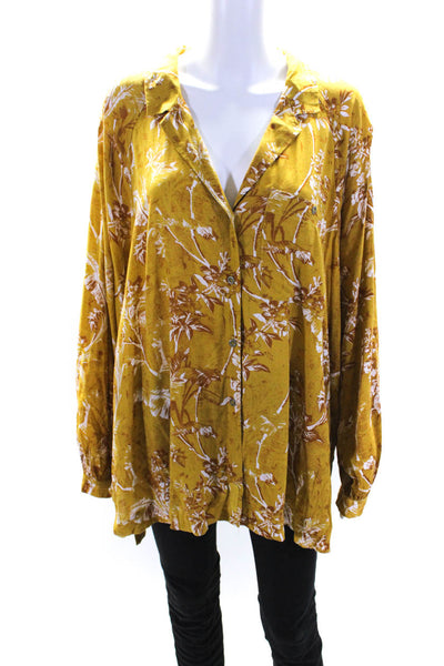 We The Free Womens Mustard Floral Collar Long Sleeve Button Down Shirt Size L