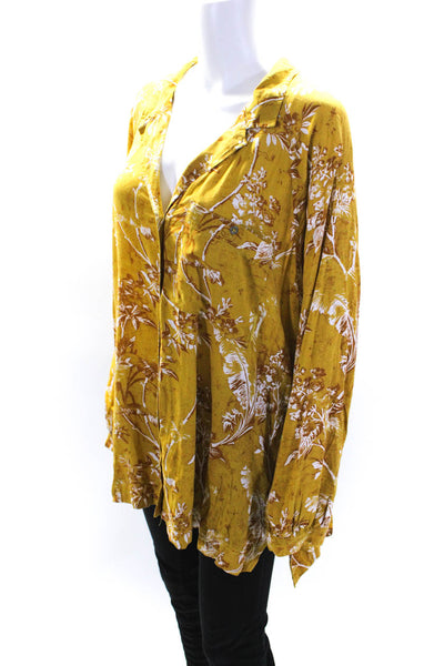 We The Free Womens Mustard Floral Collar Long Sleeve Button Down Shirt Size L